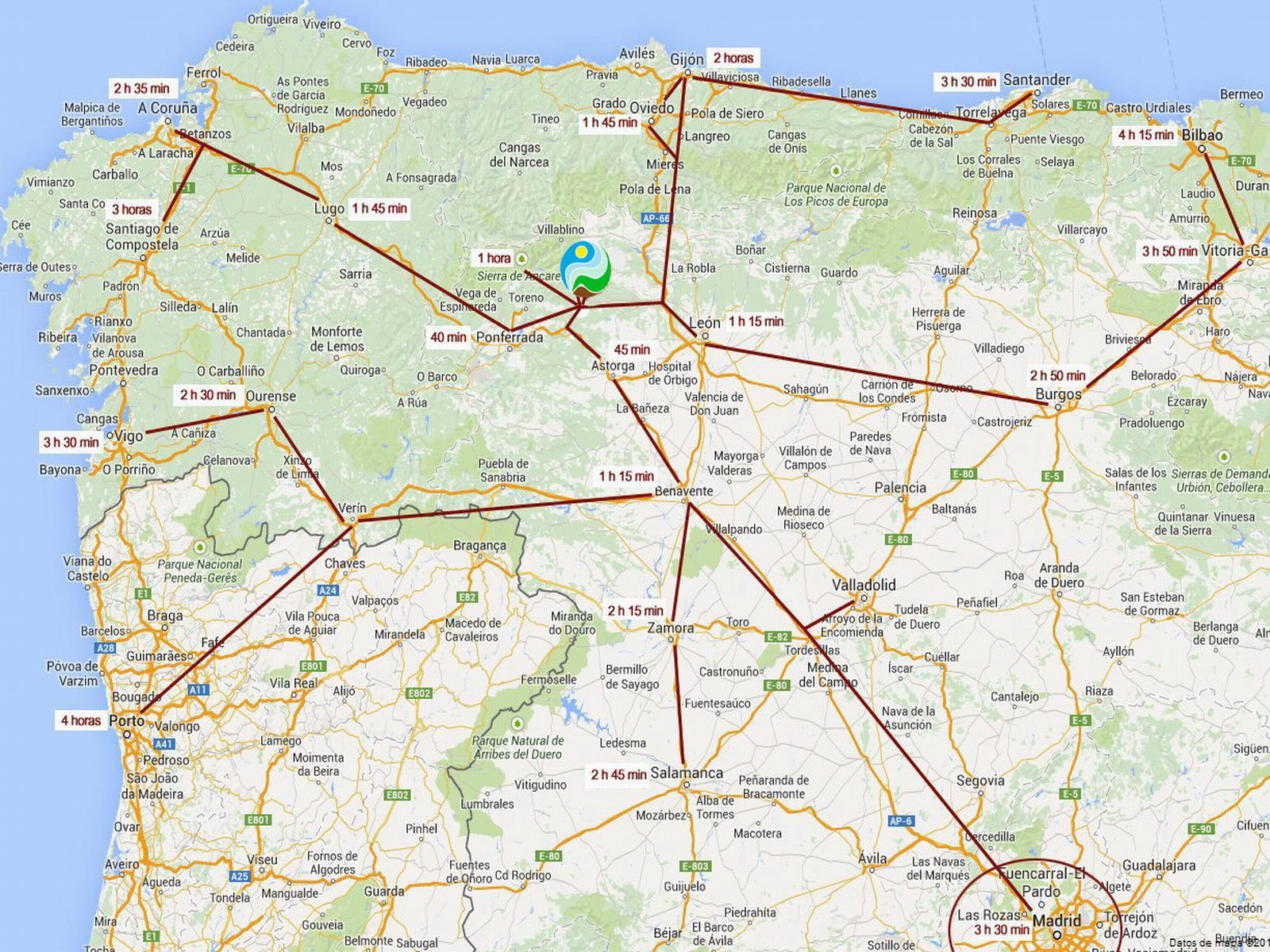 Campamentos de verano para familias en España León | Mapa de distancias